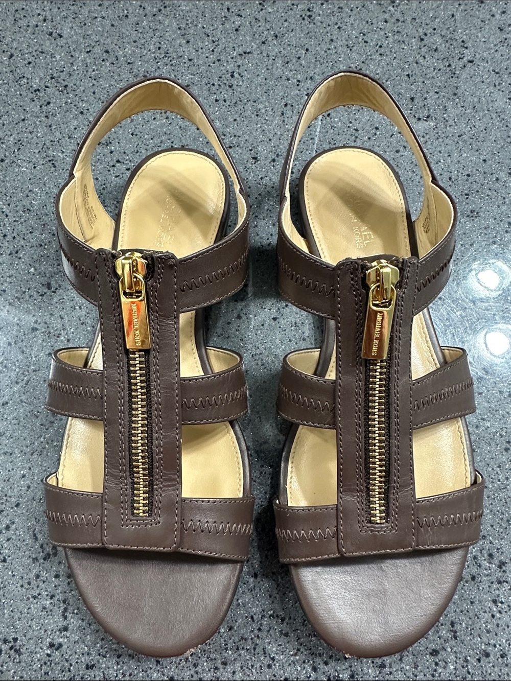 MICHAEL KORS Brown Leather Zip-Front Slingback Sandals